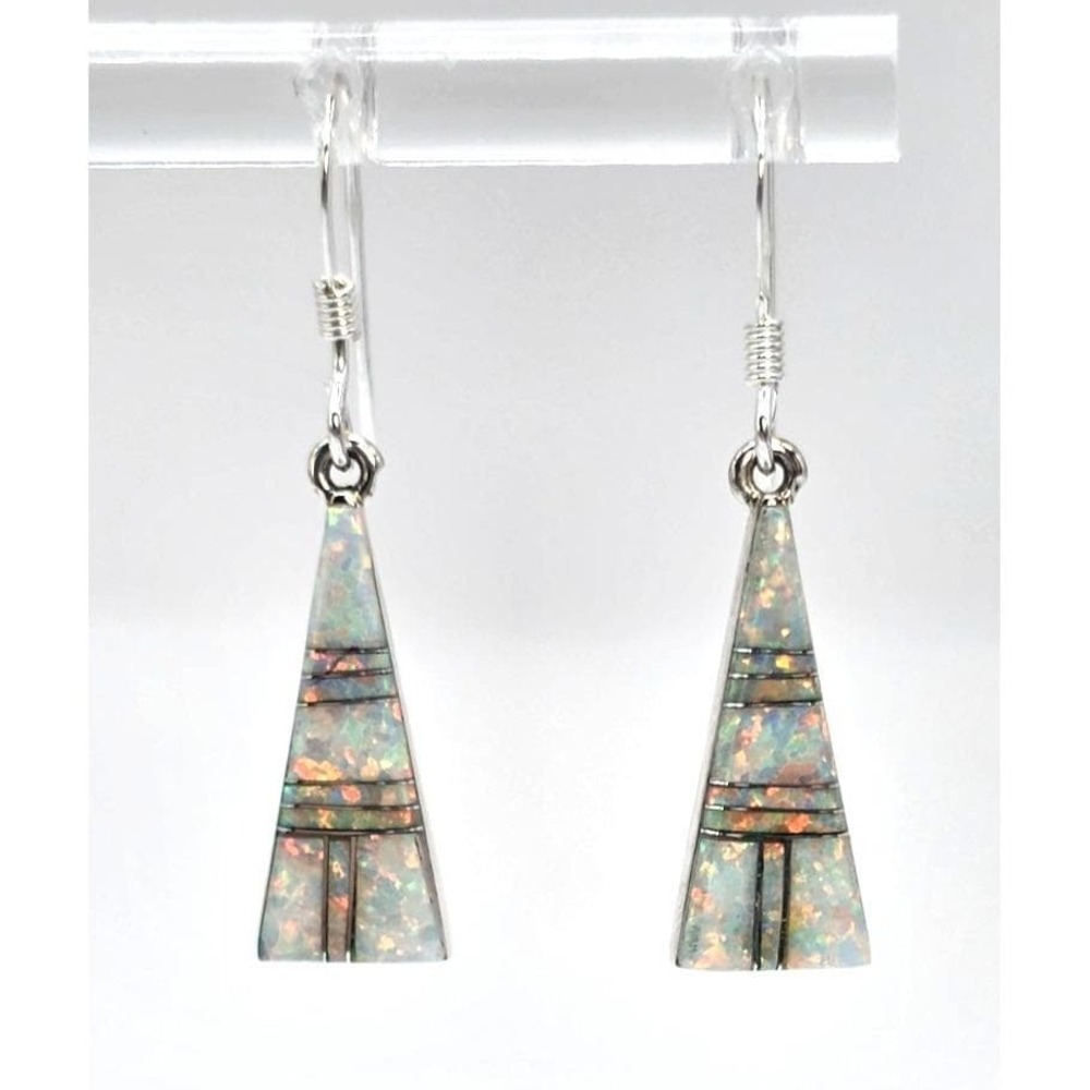 Fire Opal Dangle Earrings Sterling Silver Inlays Triangles Handmade 18.7mmโ NEW